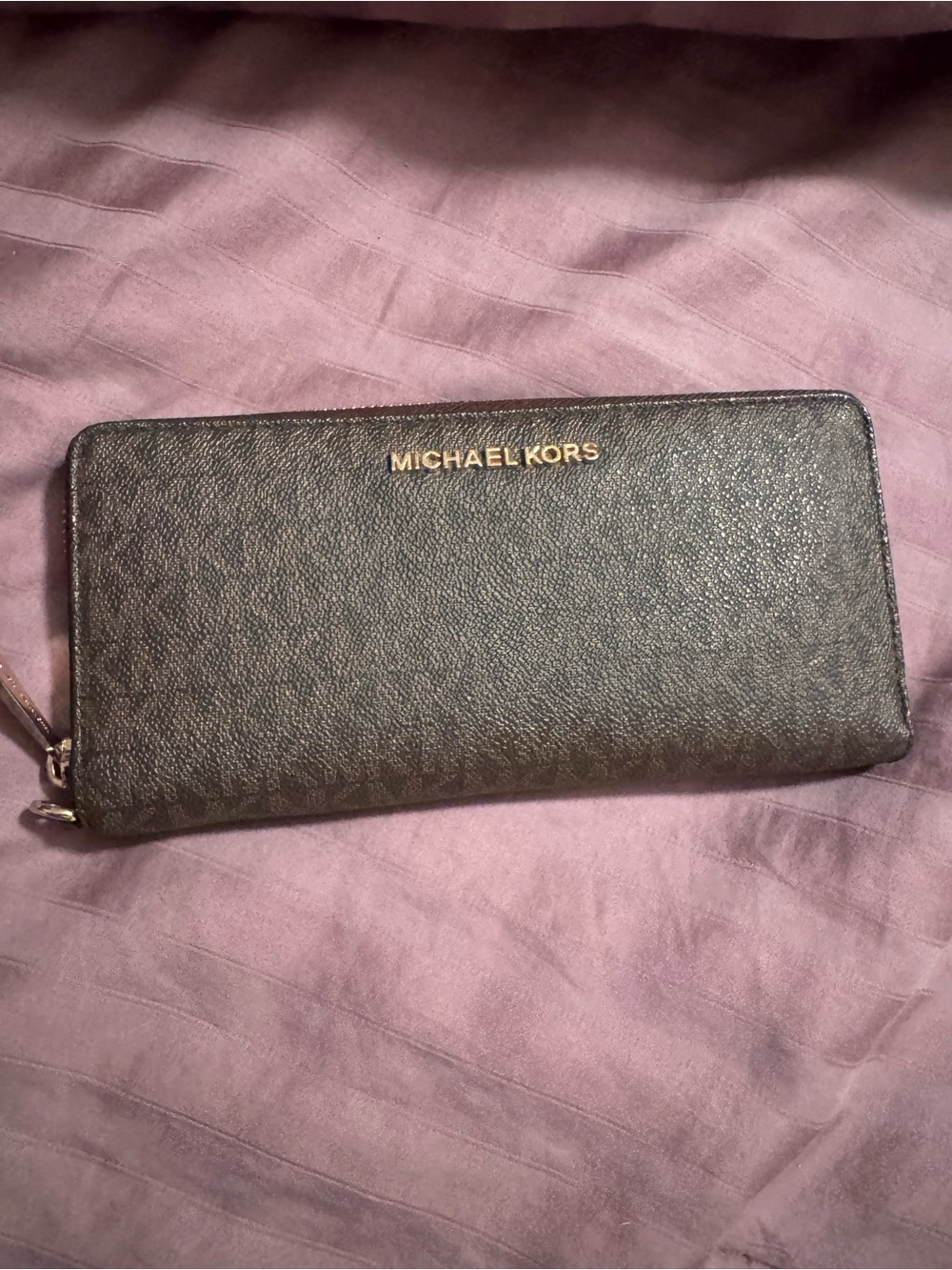 Michael Kors Black Leather Zip-Around Wallet with Gold Logo